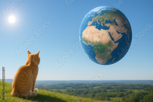 A Cat Gazing at the Earth from a Hill under the Morning Sun - Generative AI