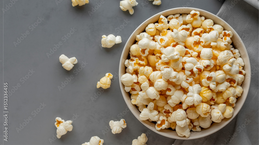 A top-down view of popcorn in a white ceramic bowl on a matte gray surface. A top-down view of popcorn in a white ceramic bowl on a matte gray surface.