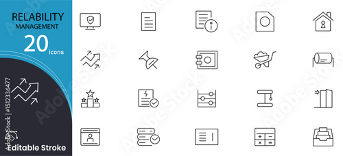 Reliability Management related icon collections. Containing Trust, Maintenance, Quality, Assurance, Performance, Stability, System, Monitoring, Efficiency, and Risk icons. Editable Stroke. Outline ico