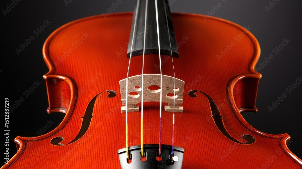 Fototapeta premium A red violin with a black bow and strings.