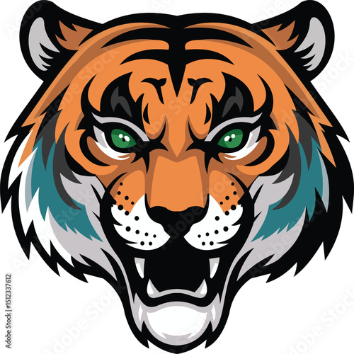 A striking illustration of a tiger's head, featuring vibrant colors and sharp details. The design captures the tiger's intense gaze and formidable expression, emphasizing its majestic.