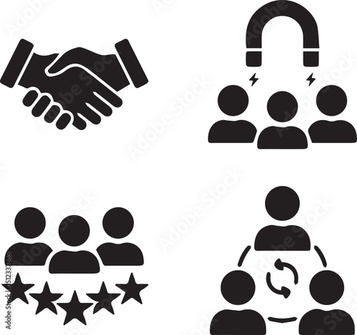 Business Collaboration: Business Icons of agreements, connections, audience attraction, and cooperation in monochromatic format.
