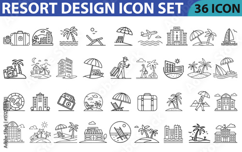 Resort icon set. Containing travel, tourism, hotel, beach, wellness, landscape, hotel service, vacation and more. Editable line icons. Vector illustration.