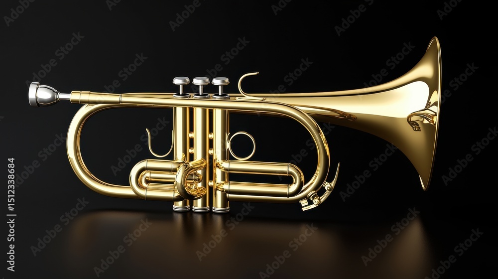 Obraz premium A shiny gold trumpet with a shiny silver mouthpiece and three valves.