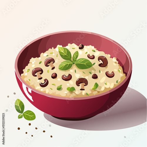 Creamy Mushroom Risotto in Red Bowl with Fresh Basil