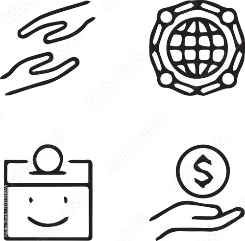 Illustration of Giving & Global Connections: Simple hand-drawn illustrations depicting themes of help, collaboration, and finance, showcasing interconnectedness and community support.