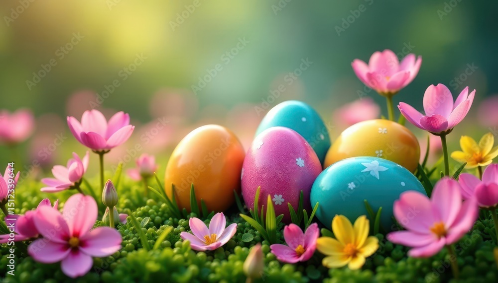 Spectacular array of painted eggs nestled amongst blooming spring flowers , eggs, outdoor Spectacular array of painted eggs nestled amongst blooming spring flowers , eggs, outdoor