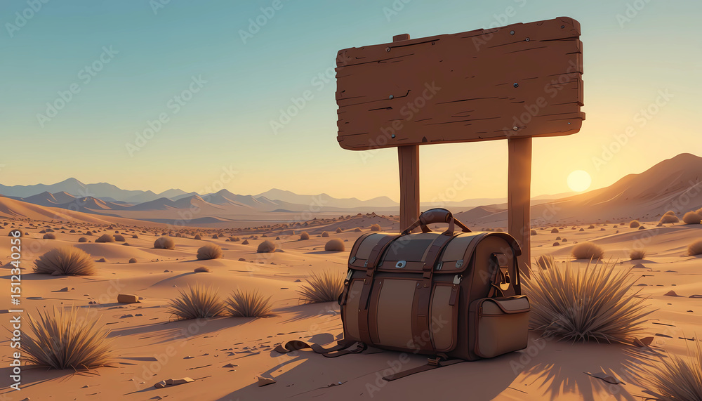 custom made wallpaper toronto digitalTravel Bag Beside Empty Wooden Sign in Desert Sunset Digital Illustration