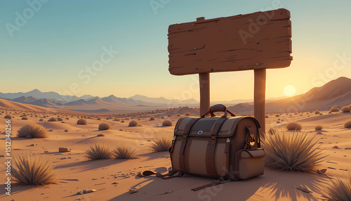 Wallpaper Mural Travel Bag Beside Empty Wooden Sign in Desert Sunset Digital Illustration Torontodigital.ca