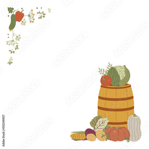 Vegetable harvest postcard with a picture of vegetables. Pumpkin, corn, pepper, cabbage, cucumber, tomato and beetroot frame, barrel. Modern design of the autumn harvest in a flat style.