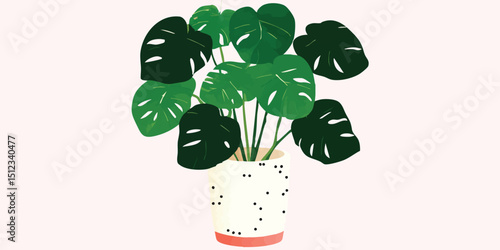 A lush illustration of Monstera Deliciosa, a striking plant in a decorative pot, thriving and healthy.