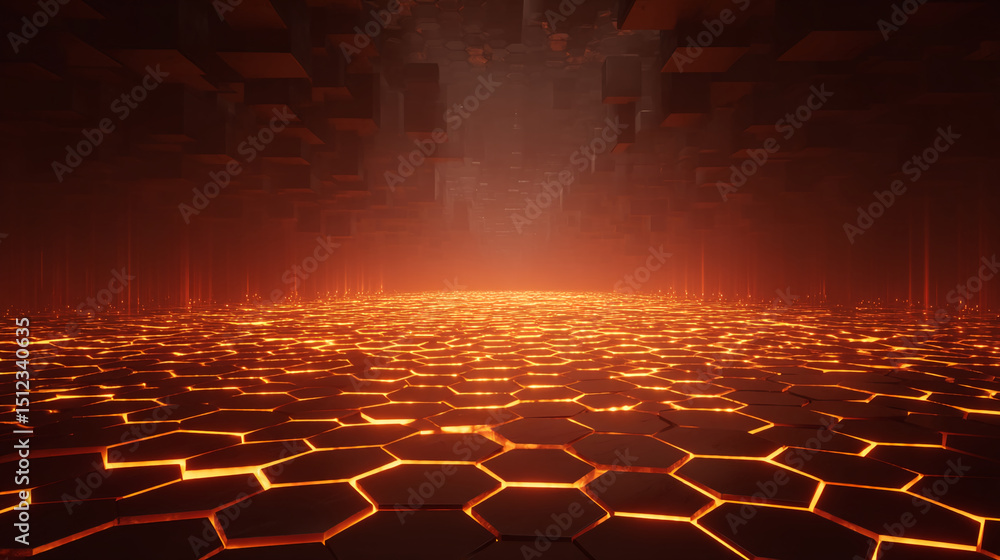 Obraz premium Hexagonal floor glowing orange, dark background, abstract design, showcasing futuristic or technological concept, ideal for presentations or digital art