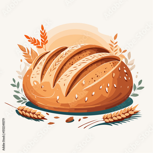 Golden Brown Artisan Bread Loaf with Wheat Illustration