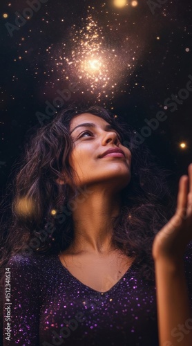 Celestial Dream: A woman with dark curly hair gazes upward in awe, her expression serene and hopeful, as a celestial burst of light illuminates her face.