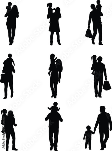 Silhouettes of parents and children in various poses depicting family moments and love