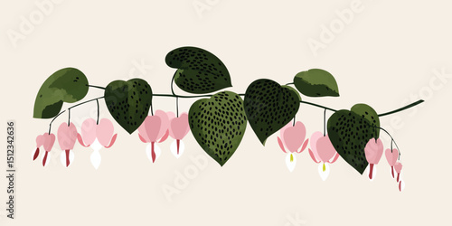 Delicate blooms of a bleeding heart flower, rendered with a serene artistic touch, evoking feelings of love and tenderness in a tranquil, minimalist setting.