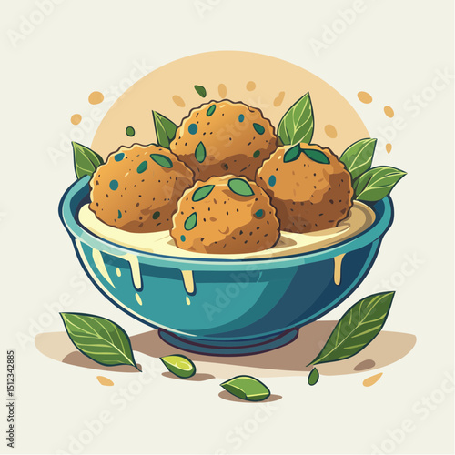 Illustration of Four Golden Falafel Balls in Creamy Sauce, Blue Bowl, Green Herbs