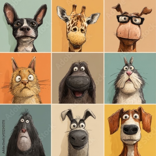 Whimsical Animal Faces: A grid of charming cartoon animal faces, each with unique expression, inviting smiles and captivation. 