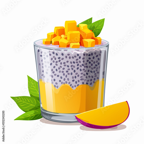 Layered Mango Chia Seed Pudding in Glass with Fresh Mango