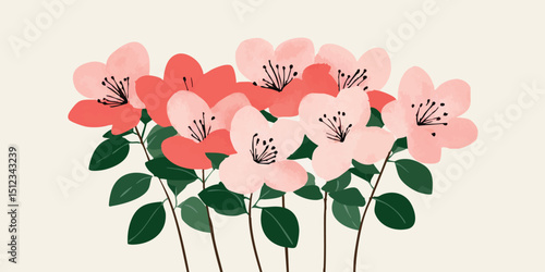 A cluster of delicate pink and coral azaleas, their blossoms painted with soft watercolor hues, create a charming floral arrangement.