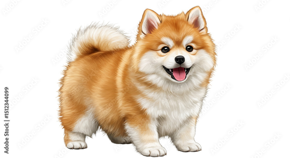 Obraz premium Cute Finnish Spitz Dog isolated on white Transparent background. Smiling Puppy Standing on White Background, Animal Portrait