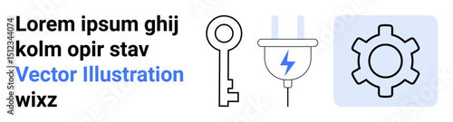 Key, plug with bolt, and gear emphasizing concepts thumbs up access, energy, connection, innovation, and technical processes. Ideal for technology, mechanics utilities themes simple landing page