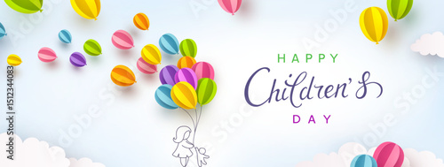 Children's Day with flying colorful 3d paper balloons on blue sky background. Drawing mother and child. Vector doodle cartoon family, ballons poster template