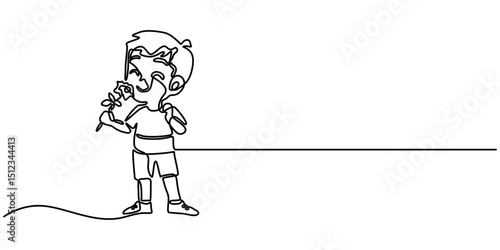 Child smelling flower in continuous line art drawing style. Small girl squatted down to sniff the fragrant flower. Black linear sketch isolated on white background. Vector illustration.               