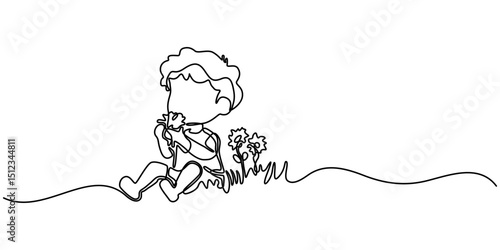 Child smelling flower in continuous line art drawing style. Small girl squatted down to sniff the fragrant flower. Black linear sketch isolated on white background. Vector illustration.               