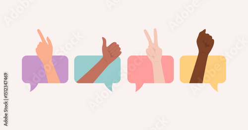 Hands of different skin tones showing various gestures in colored speech bubbles. Flat vector illustration