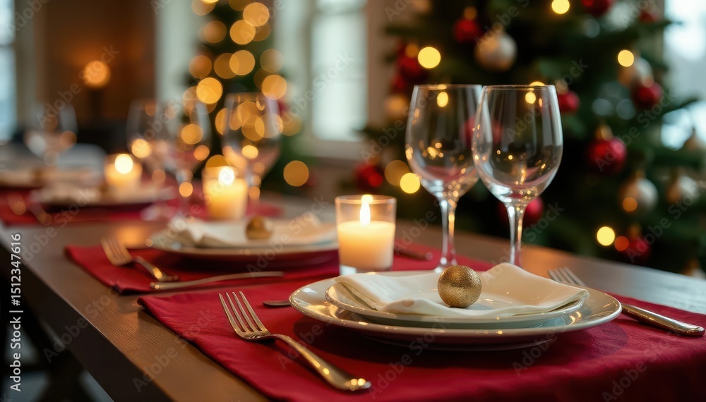 Elegant Christmas table setting, blurred festive background , glitter, festive, xmas Elegant Christmas table setting, blurred festive background , glitter, festive, xmas