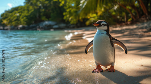 Penguin walking on sunny tropical beach near clear ocean water