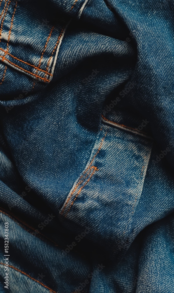 Naklejka premium Textured Denim Fabric Close-Up Deep Blue Jeans Background