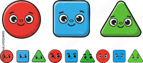 cartoon circle, square, and triangle with expressive eyes