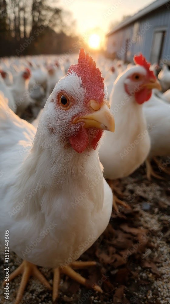 Fototapeta premium Chickens eagerly peck at grain scattered across a sunlit yard. The setting sun casts warm light over the scene, enhancing the farm's tranquil atmosphere
