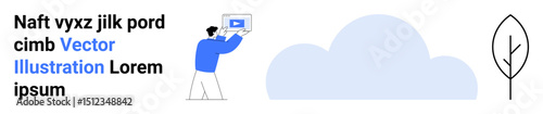 Person holding a tablet displaying a video icon, accompanied by a stylized cloud and minimalistic tree. Ideal for technology, content creation, online education, cloud services, environment, video