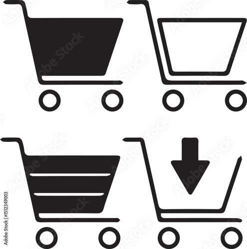 Shopping Cart Icons: Four simple shopping cart icons, each subtly different, represent buying and purchasing in a minimalist style.