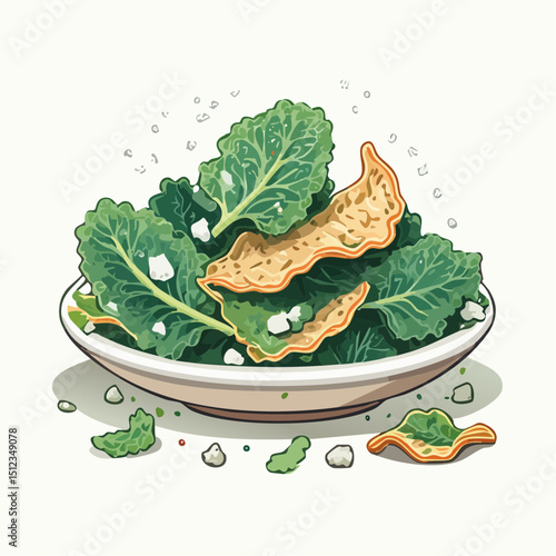 Vibrant Green Kale Salad with Crispy Croutons in a Bowl
