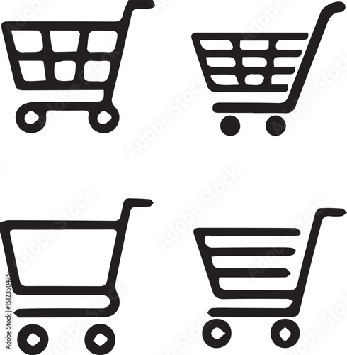 Shopping Carts Iconography: A set of minimalist shopping cart icons, designed with a clean and modern aesthetic for e-commerce or retail themes, perfect for digital interfaces.