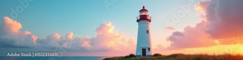 Tall white lighthouse against vibrant summer sky, blue, landmark, view