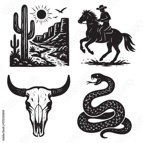  Linocut western boho set vector, Texas desert engraving print collection, vector canyon wildlife, cactus. 
Texture grunge Arizona rodeo graphics, bull, horse, snake, skull silhouette