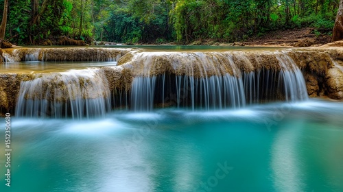Serene Tropical Waterfall Cascading into Turquoise Pool