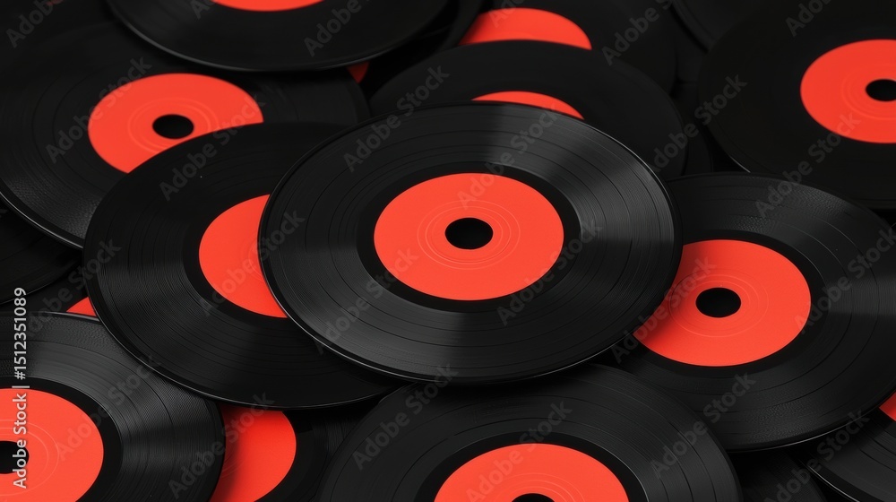 A pile of black vinyl records with red center. A pile of black vinyl records with red center.
