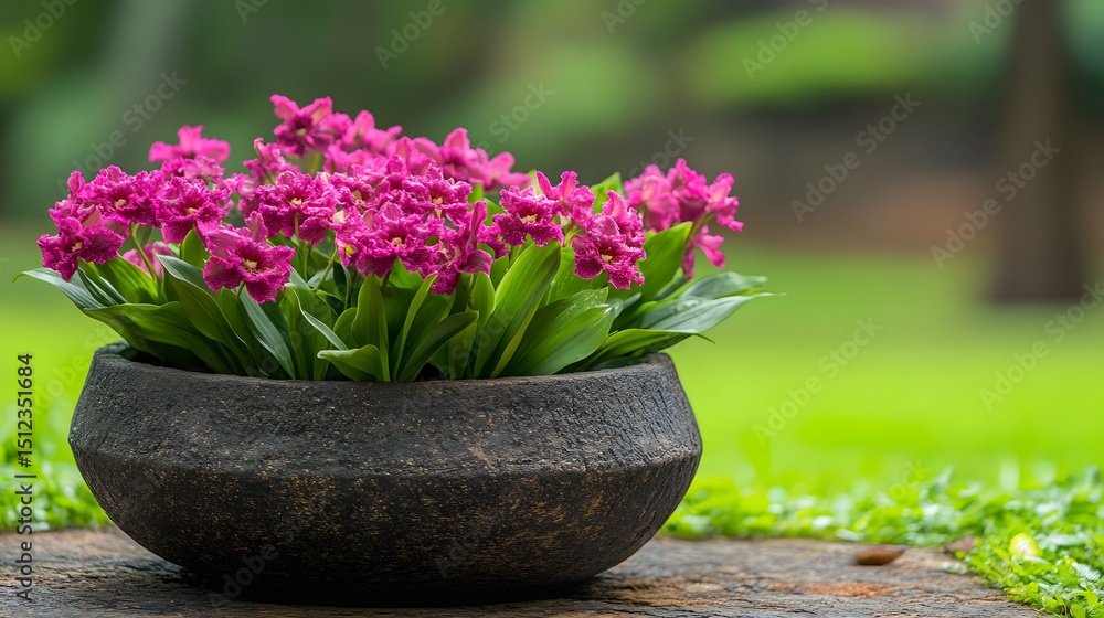 Vibrant Pink Orchid Blooms in Rustic Stone Pot Vibrant Pink Orchid Blooms in Rustic Stone Pot