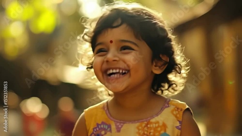 A young Indian girl laughing heartily, with sparkling eyes and a radiant, toothy grin. Their dark curly hair is slightly messy, and they wear a colorful kurta/dress