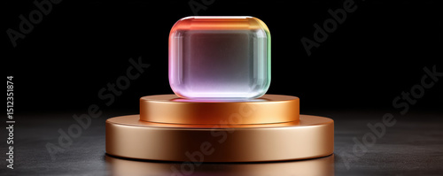 Colorful glass cube golden round pedestal with black background, elegant modern design with soft lighting and reflective surface creating calm mood