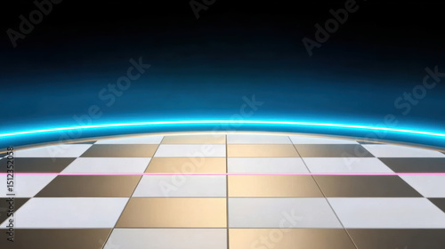 Neon digital chessboard with glowing blue light and futuristic design on sleek surface creating high tech atmosphere