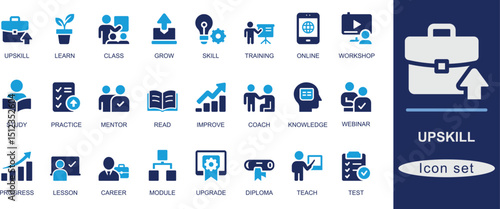 Flat solid black upskill icon set featuring training, learning, course, certificate, growth, career, mentor, and online class. Ideal for UI, apps, and education.