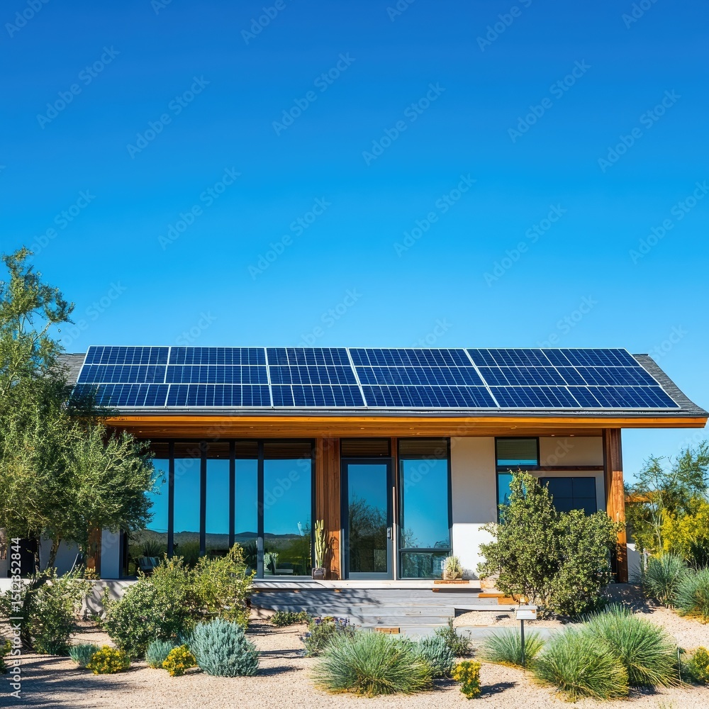 Fototapeta premium Modern home with solar panels on a sunny day