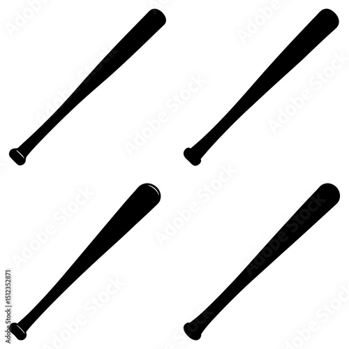 Four black baseball bats arranged in a square pattern on a white background showcasing sports equipment